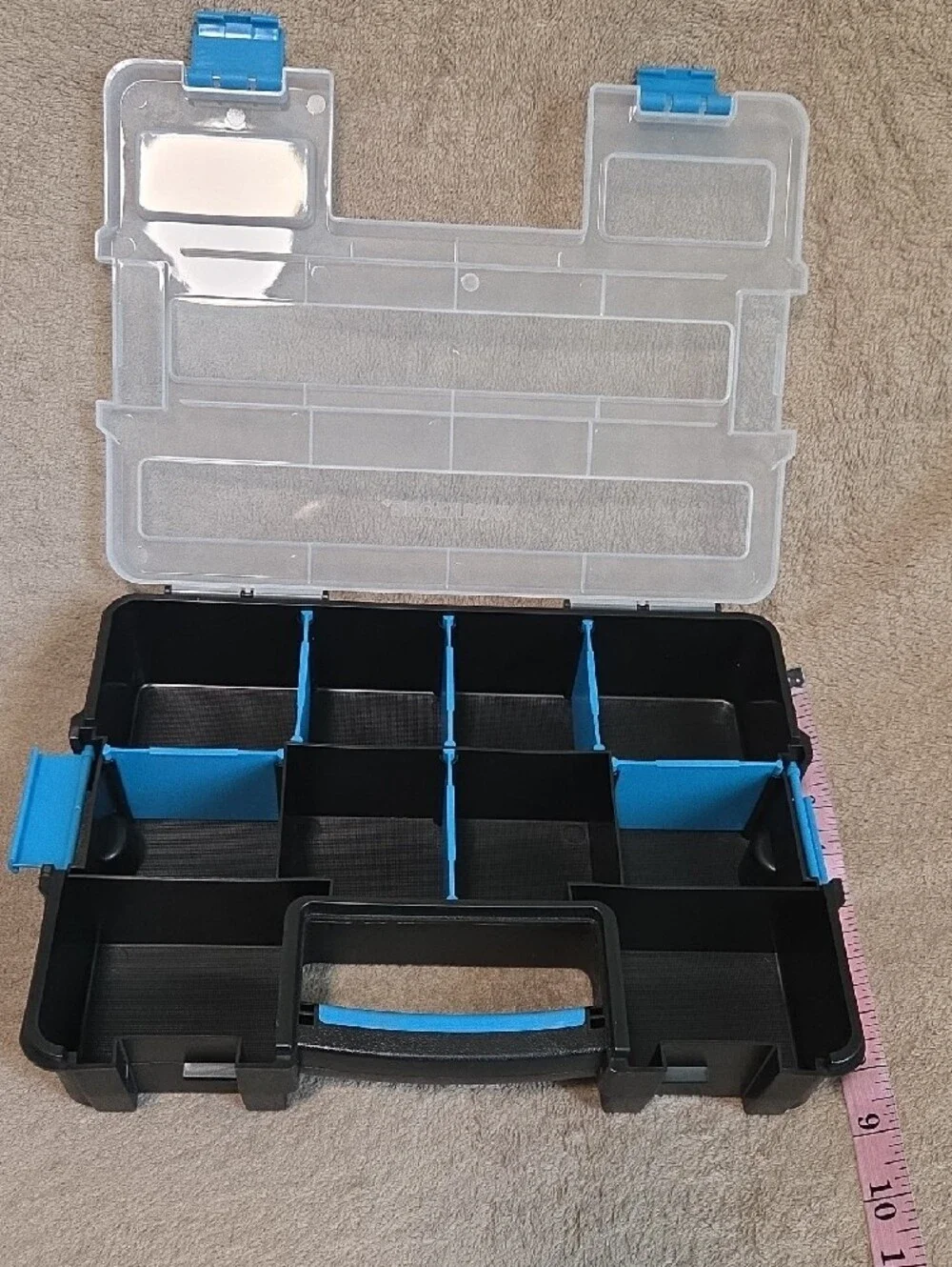 Clear Plastic Compartment Organizer Case with Blue Accents